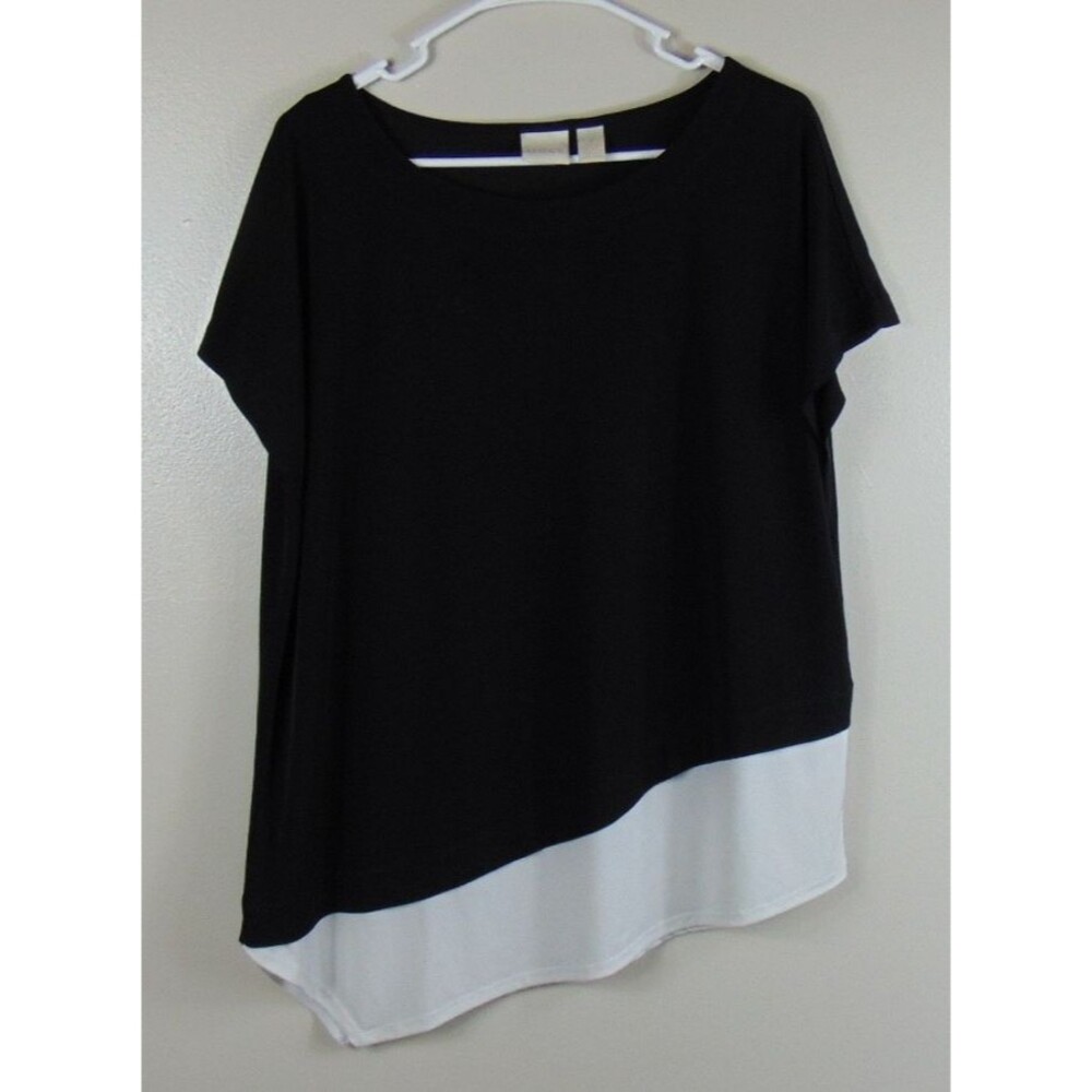 Chicos Size 2 Large Black White Colorblock Asymmetrical Tunic Top Layered Blouse